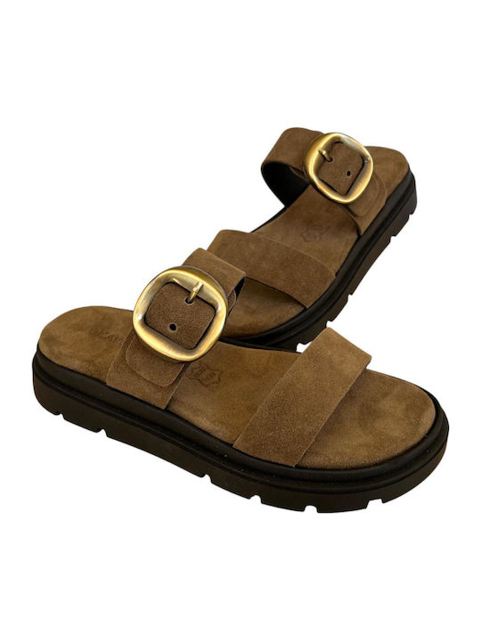 Leather Women's Flat Sandals Flatforms Brown