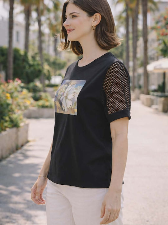 Women's Blouse Cotton Floral Black