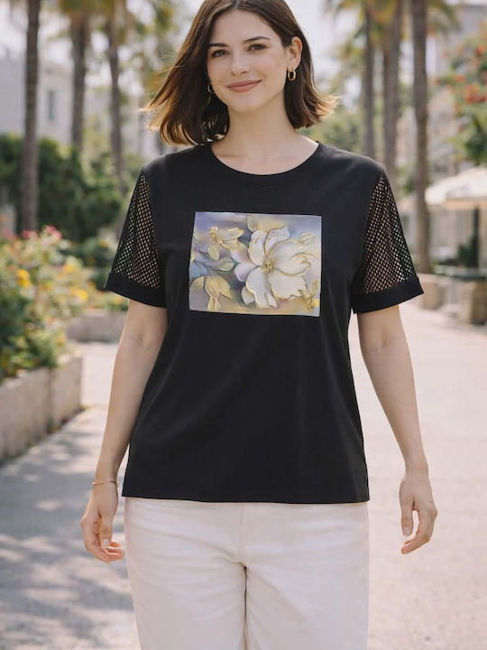 Women's Blouse Cotton Floral Black