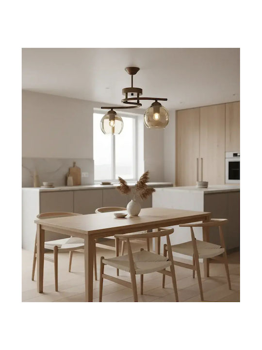 Stewehome Pendant Ceiling Light Poyraz 2 Pieces Metal Brown Body Honey Glass 40x80x37cm