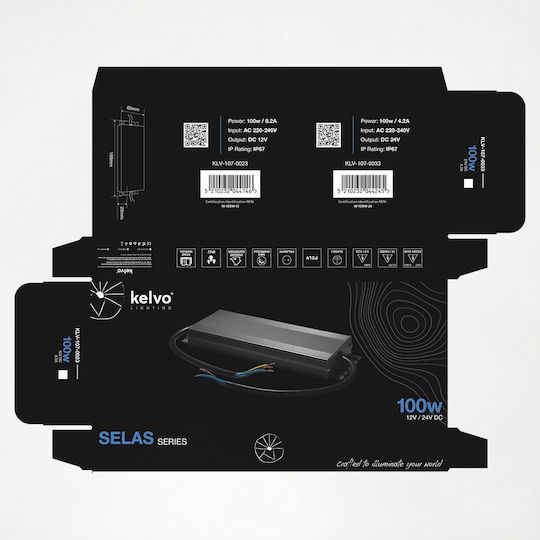 kelvo Adjustable LED Power Supply Waterproof IP67 Power 100W with Output Voltage 24V