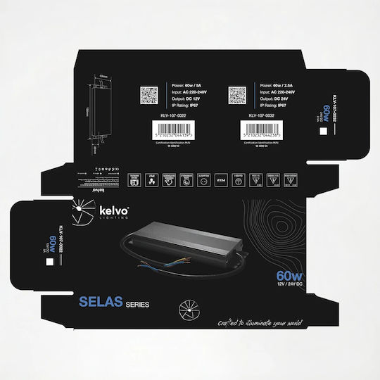 kelvo Adjustable Waterproof LED Power Supply IP67 Power 60W with Output Voltage 12V