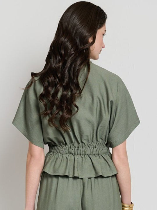 Women's Khaki Set with High Rise Trousers with Rubber Band in Loose Fit