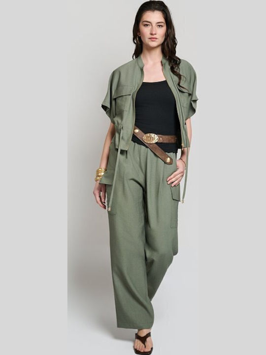 Women's Khaki Set with High Rise Trousers with Rubber Band in Loose Fit