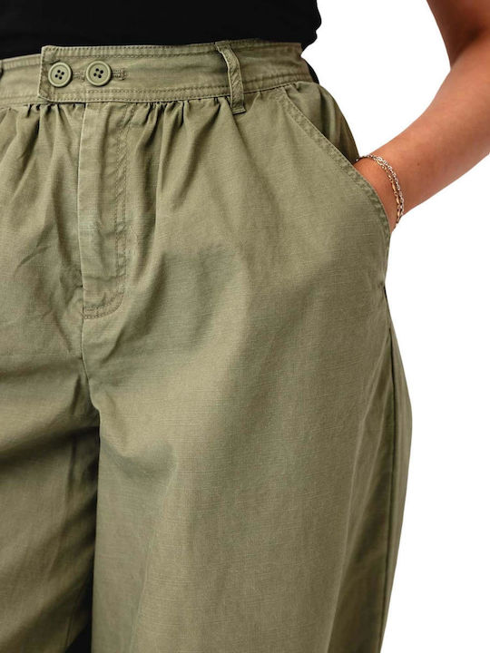 Women's Fabric Cargo Trousers in Balloon Leg Style Khaki