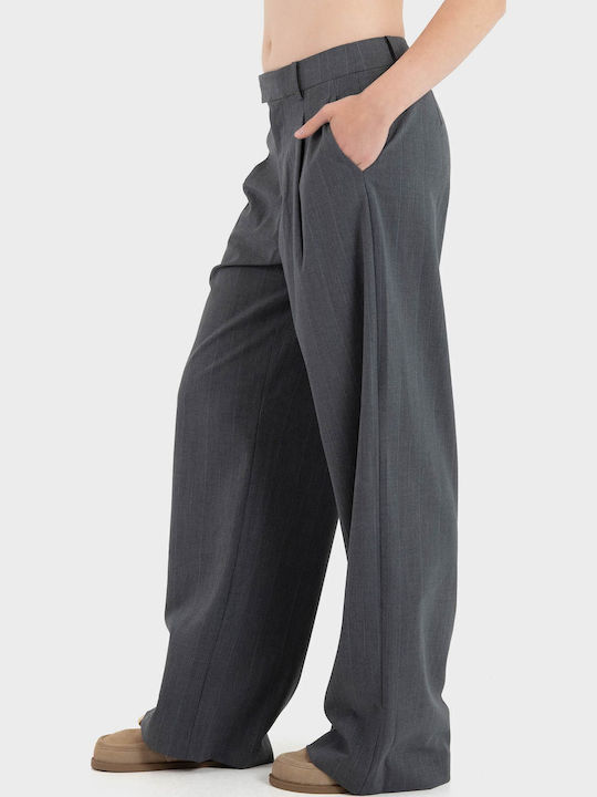 Wide Women's High Rise Fabric Trousers in Regular Fit Medium Grey Melange