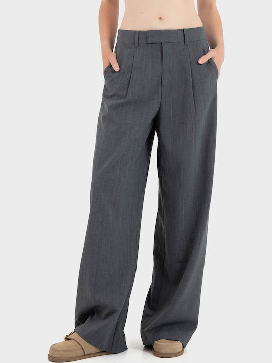 Wide Women's High Rise Fabric Trousers in Regular Fit Medium Grey Melange