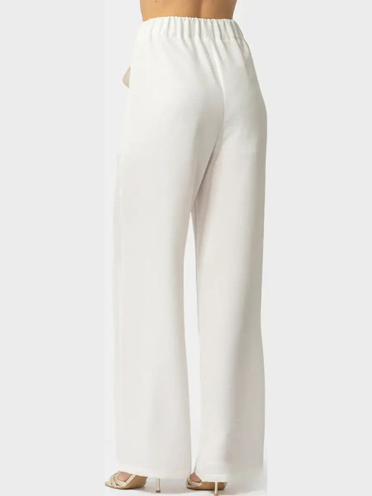 Women's High Rise Satin Trousers with Rubber Band in Loose Fit White