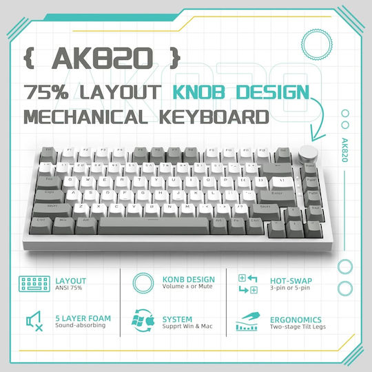 Ajazz AK820 Gaming Tastatură Mecanică 75% cu Taste Iluminate (Engleză SUA) White Light