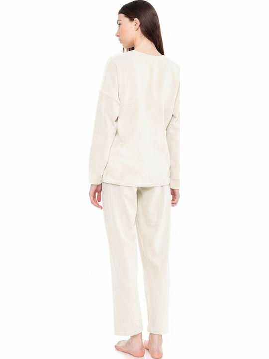 Pink Label Wintersatz Damen Schlafanzug Baumwollene Weiß
