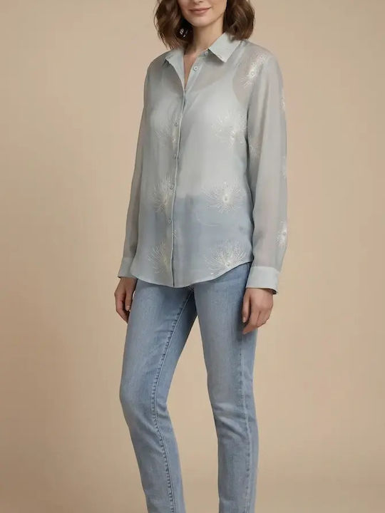 Cămașă De Damă Din Denim Mânecă Lungă Verde Floral
