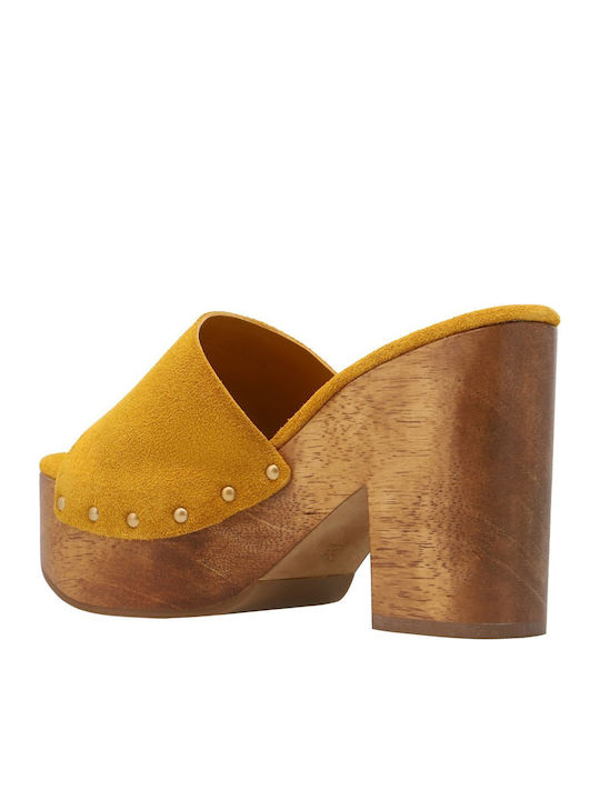 Suede Mules with Chunky Heel in Yellow Colour