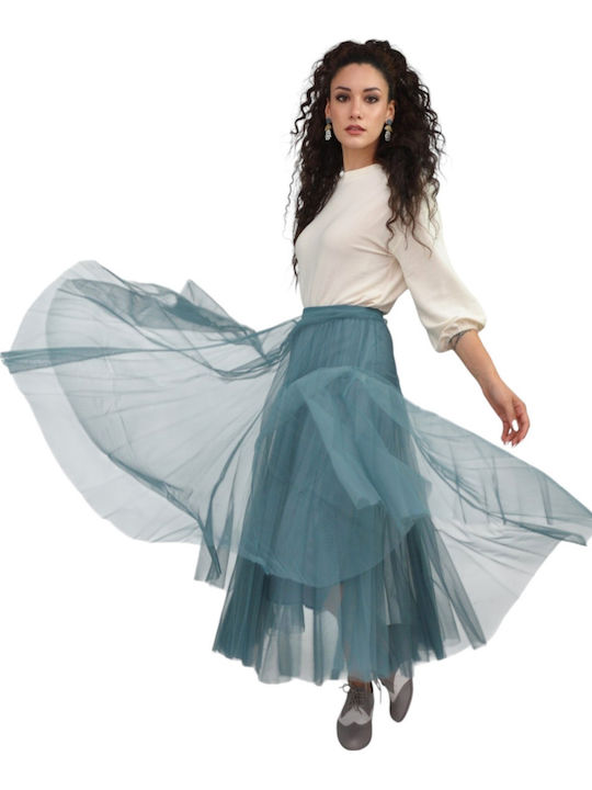 High Waist Maxi Skirt with Light Blue Tulle