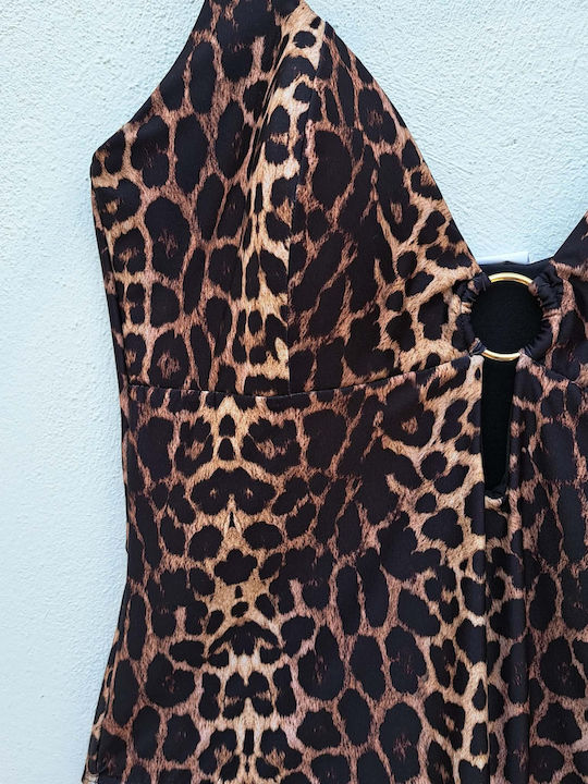 One Piece Swimsuit With Light Padding For Large Bust Animal Print Brown Leopard