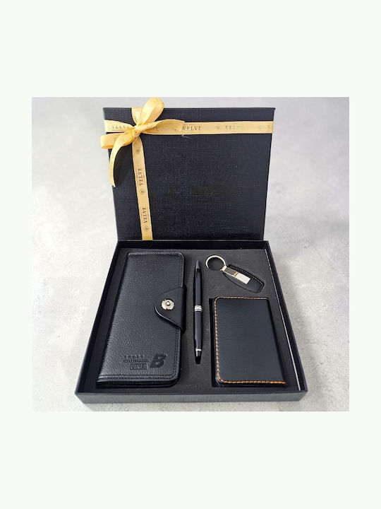 Business Kit Men's Gift Set Long Wallet Notebook Keychain Pen Black In Elegant Box