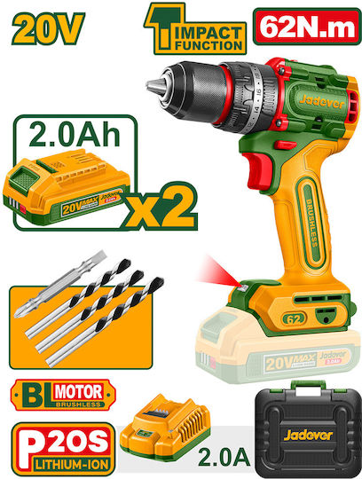 Jadever JDCDP6281 Schlagbohrschrauber Batteriebetrieb Brushless 20V 2x2Ah