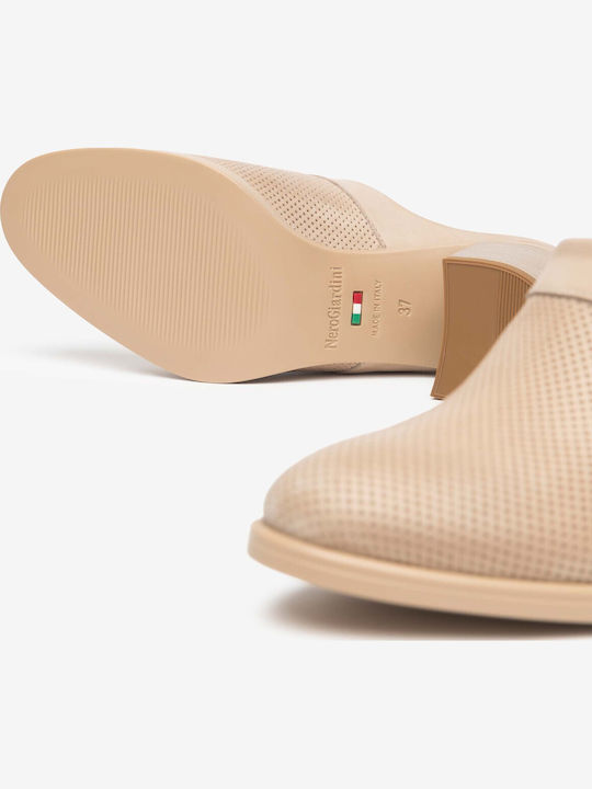 Leather Mules With Heel In Blonde Colour