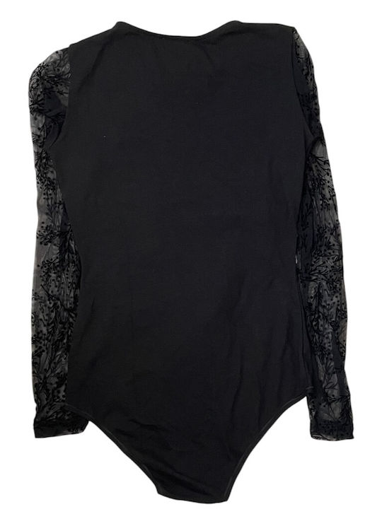 Jadea Body Negru Cu Mâneci Lungi Tulle Catifea Pe Mâneci 4870