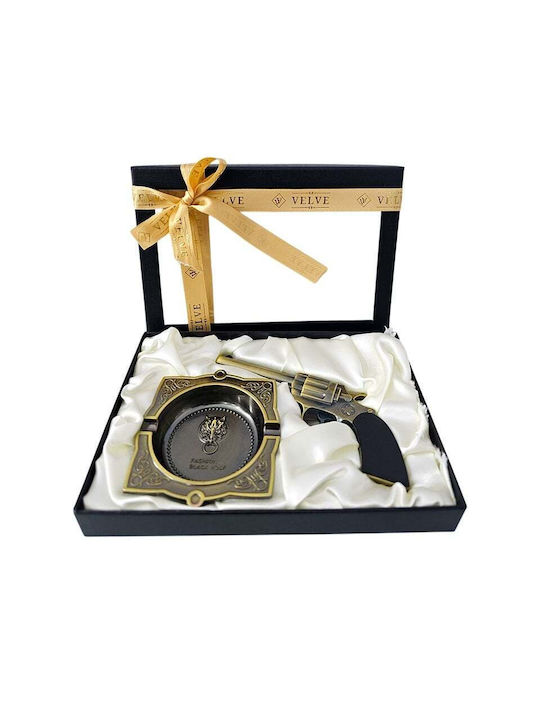 Set Cadou Pentru Bărbați Outlaw Cutie Cenușare Metalică Brichetă Model Revolver Vintage Bronz