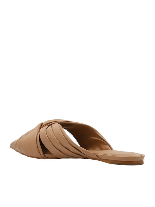 Flat Leder Damen Pantoletten in Braun Farbe