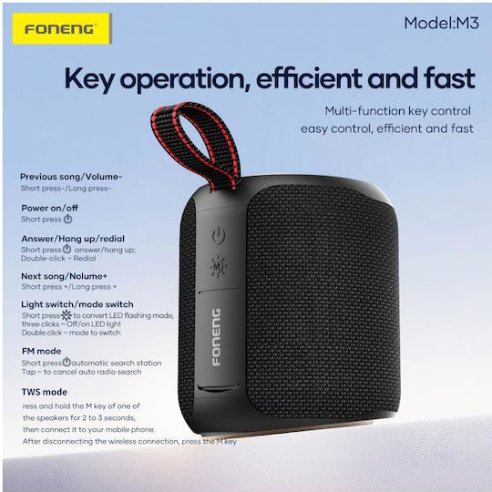 Foneng M3 Ηχείο Bluetooth 10W με Διάρκεια Μπαταρίας έως 4 ώρες Μαύρο