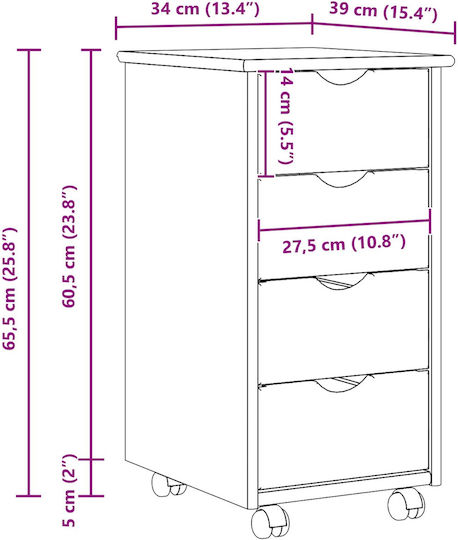 Office Storage Drawer from Solid Wood with Wheels Brown 65.5x34x39cm