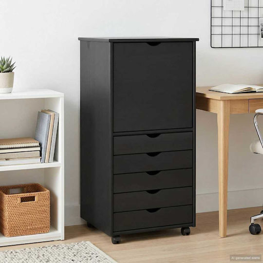 Sertar De Birou Din Lemn Masiv Cu Roți Negru 53x39x103cm