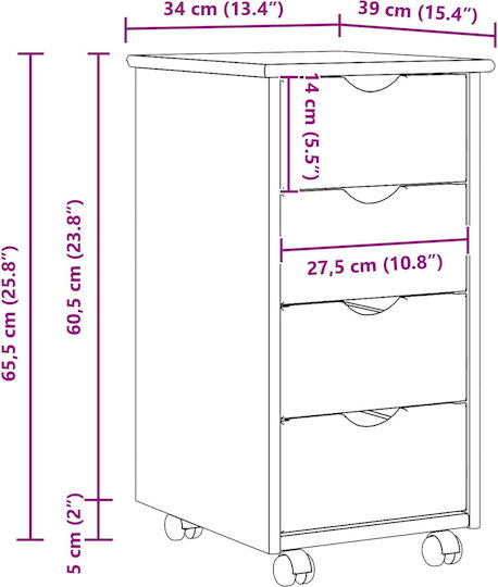 Office Drawer Made of Solid Wood with Wheels White 34x39x65.5cm