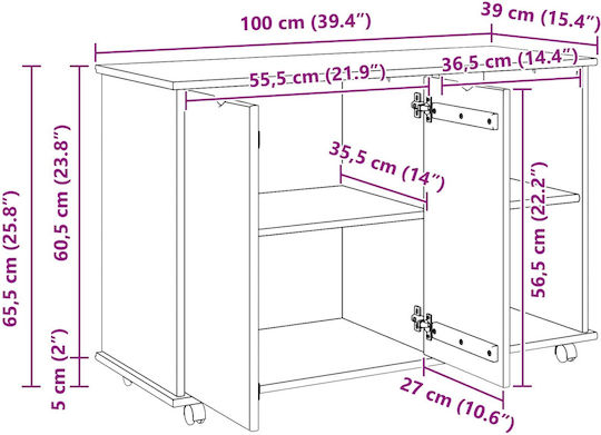 Sertar De Birou Din Lemn Masiv Cu Roți Maro 100x39x65.5cm
