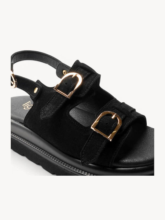 Μαύρα Δερμάτινα Flatforms Δύο Ρυθμιζόμενα Λουράκια