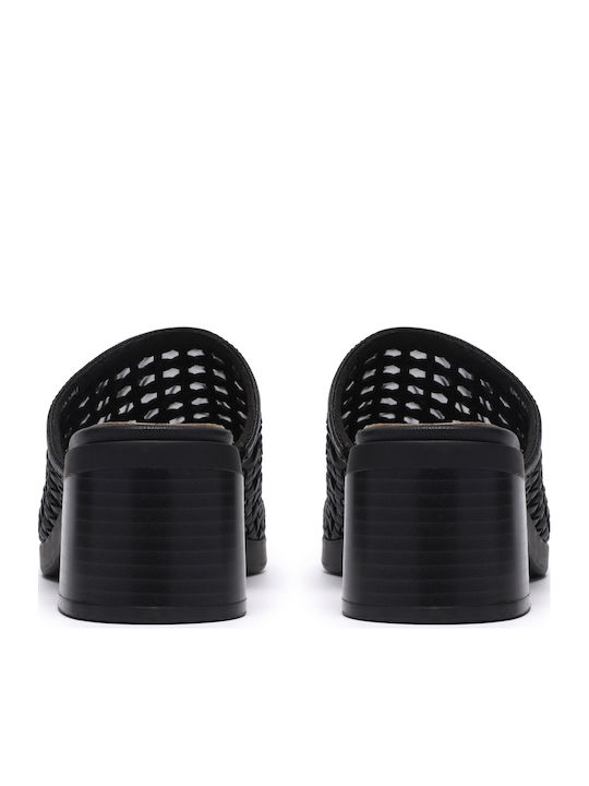 Leather Women's Mules with Chunky Low Heel in Black Color