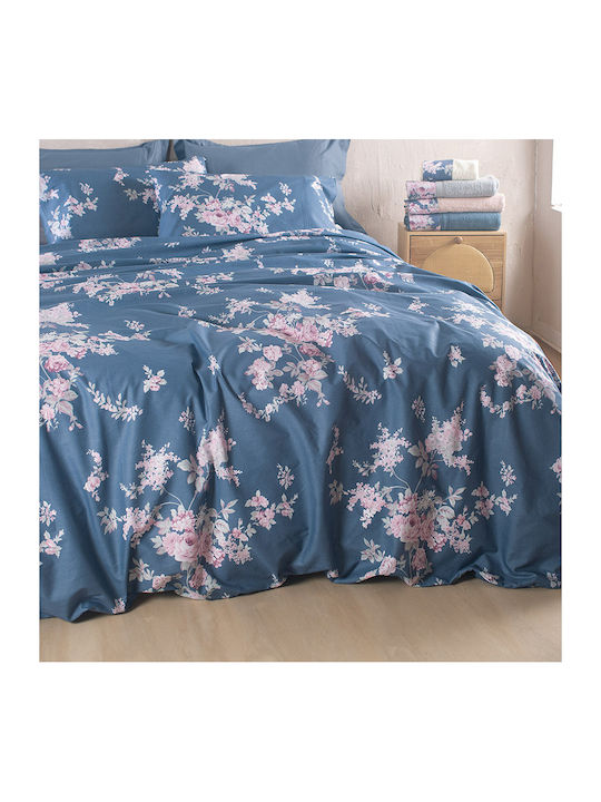 Rythmos Σετ Παπλωματοθήκη Βαμβακερή 225x250cm Υπέρδιπλη με 2 Μαξιλαροθήκες Springtime Μπλε Σκουρο