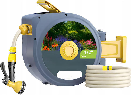 Anvelopă Furtun Grădină Automată Zola Montată pe Perete 20 M 1/2" Sistem de Blocare Retragere Automată 51x26x40 Cm Gri Galben