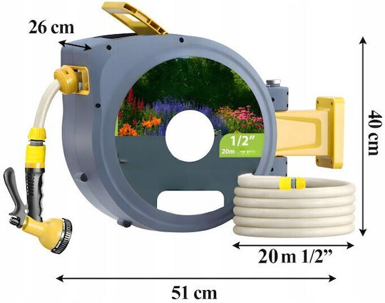Anvelopă Furtun Grădină Automată Zola Montată pe Perete 20 M 1/2" Sistem de Blocare Retragere Automată 51x26x40 Cm Gri Galben