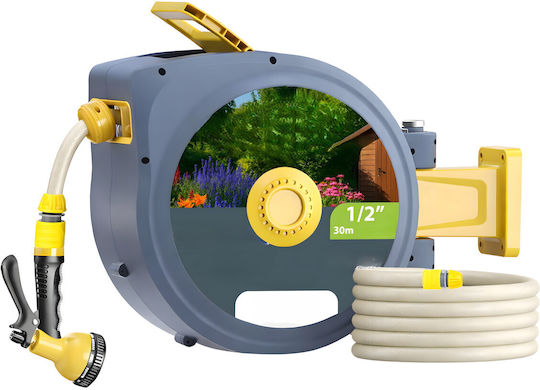 Anvelopă Automată Furtun Grădină Zola Montat Pe Perete 30 M 1/2" Sistem Blocare Retragere Automată 51 X 26 X 40 Cm Gri Galben