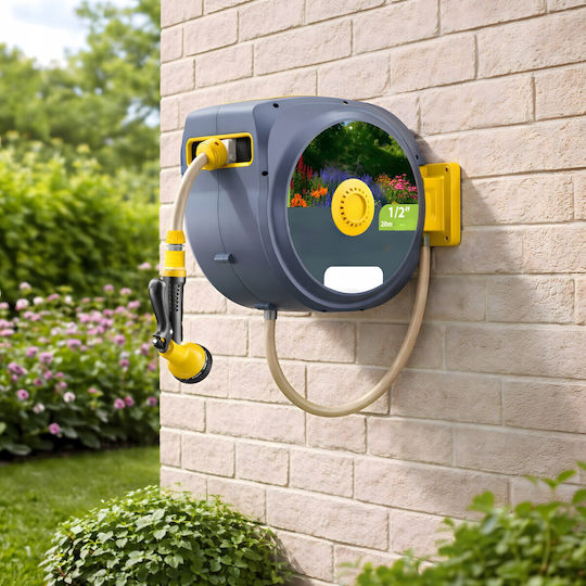 Anvelopă Furtun Grădină Automată Zola Montată pe Perete 20 M 1/2" Sistem de Blocare Retragere Automată 51x26x40 Cm Gri Galben