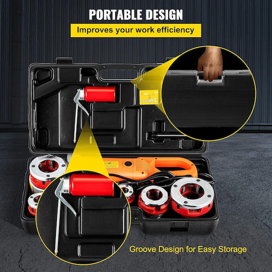 Vevor Mașină Portabilă de Filetat 2300w 220v Eu Filetator Electric Pentru Țevi 1/2"–2" 6 Filiere Incluse 22 Rpm Motor din Cupru Sistem Reversibil Cutie de Transport Țevi Metalice Galvanizate din Plastic Profesional