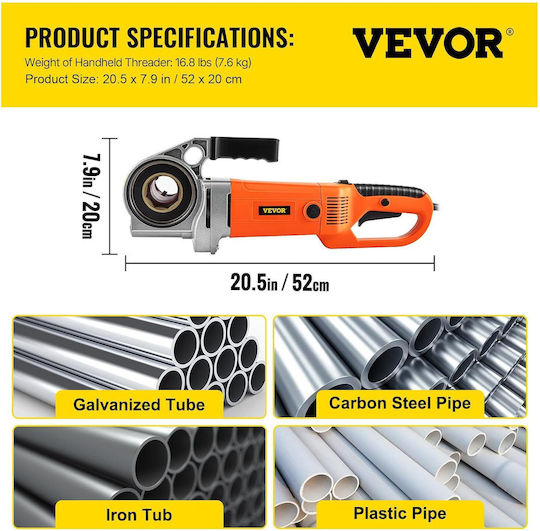 Vevor Mașină Portabilă de Filetat 2300w 220v Eu Filetator Electric Pentru Țevi 1/2"–2" 6 Filiere Incluse 22 Rpm Motor din Cupru Sistem Reversibil Cutie de Transport Țevi Metalice Galvanizate din Plastic Profesional