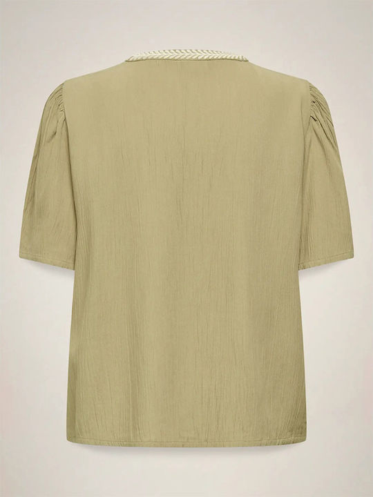 Women's Short Sleeve Blouse with V-Neckline Olive