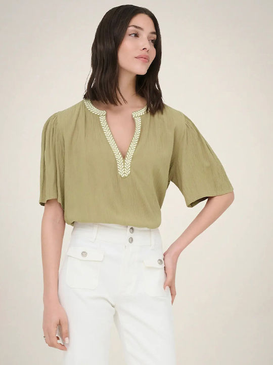 Women's Short Sleeve Blouse with V-Neckline Olive
