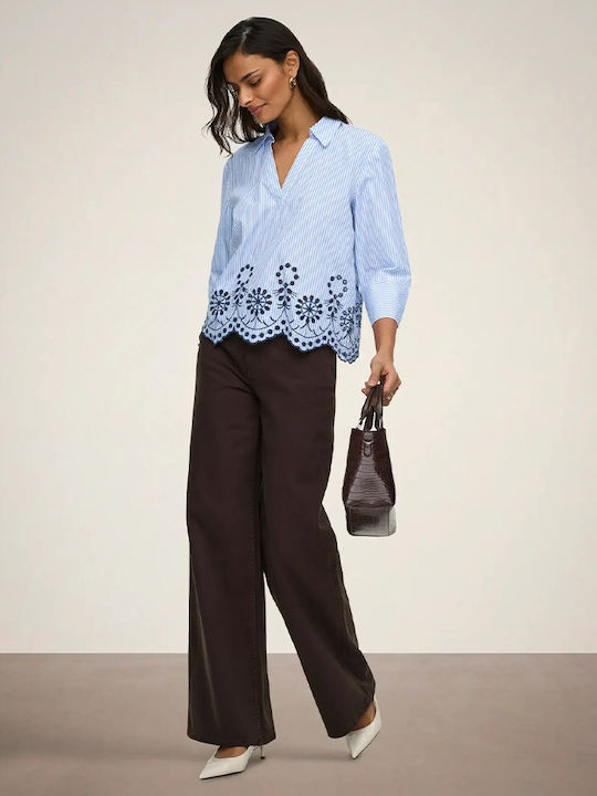 Women's Long Sleeve Blouse with V-Neckline Light Blue