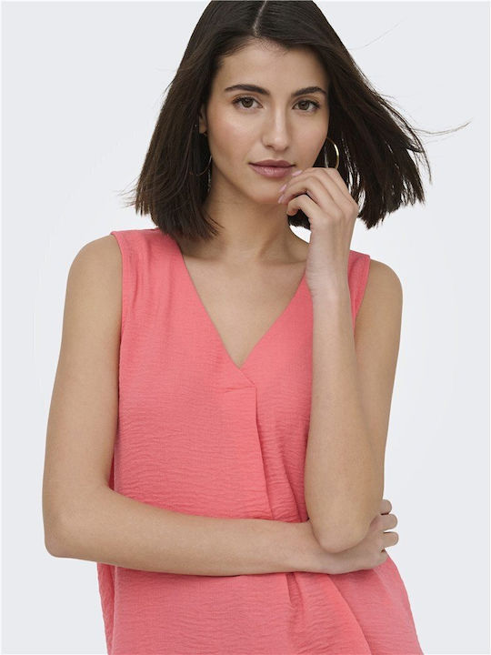 Women's Sleeveless Blouse with V-Neckline Coral