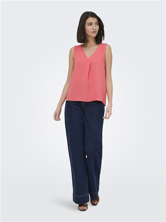 Women's Sleeveless Blouse with V-Neckline Coral