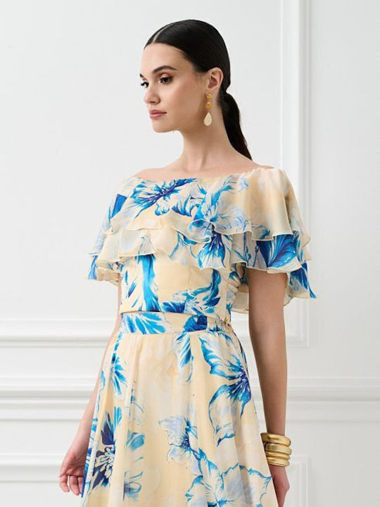 Γυναικεία Μπλούζα Off-Shoulder με Φερμουάρ Floral Μπλε