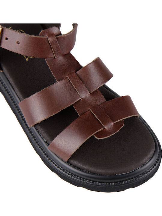 Leder Damen Flatforms Gladiator Braun