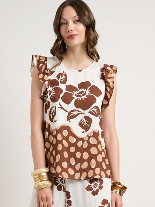 Women's Floral Print Brown Set with Trousers with Rubber Band in Loose Fit Floral