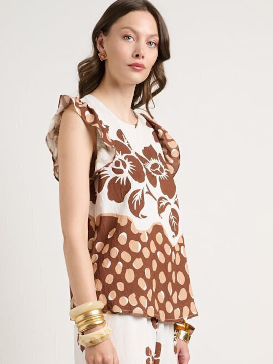 Women's Floral Print Brown Set with Trousers with Rubber Band in Loose Fit Floral
