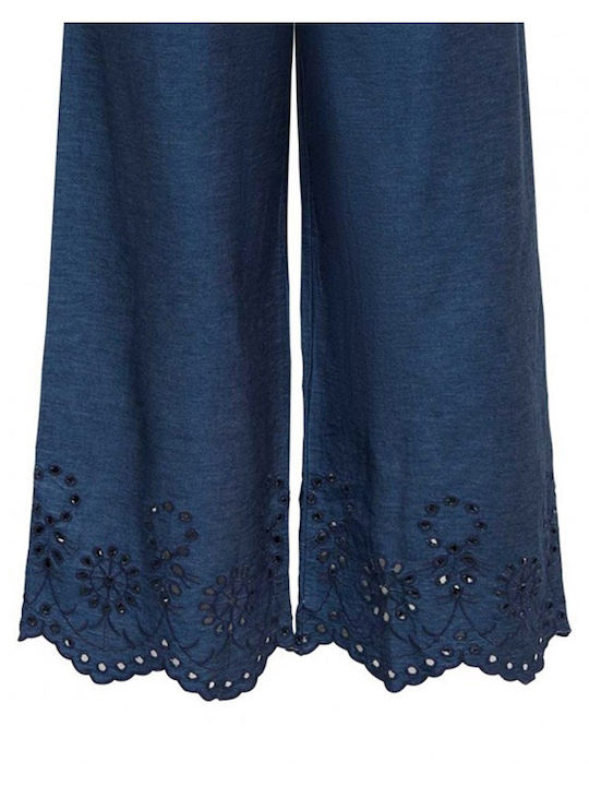 Women's High Rise Fabric Trousers with Rubber Band Blue