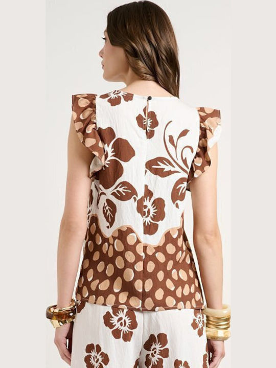 Women's Floral Print Brown Set with Trousers with Rubber Band in Loose Fit Floral