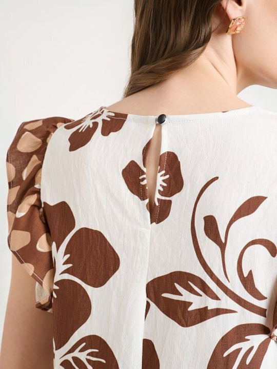Women's Floral Print Brown Set with Trousers with Rubber Band in Loose Fit Floral